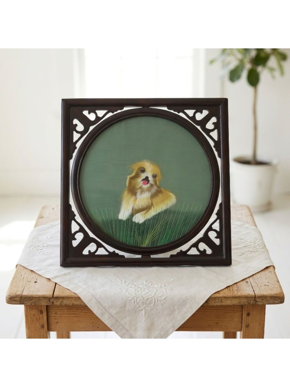 Suzhou Silk Puppy Panel Table Screen Dog Decor China Vintage 14"
